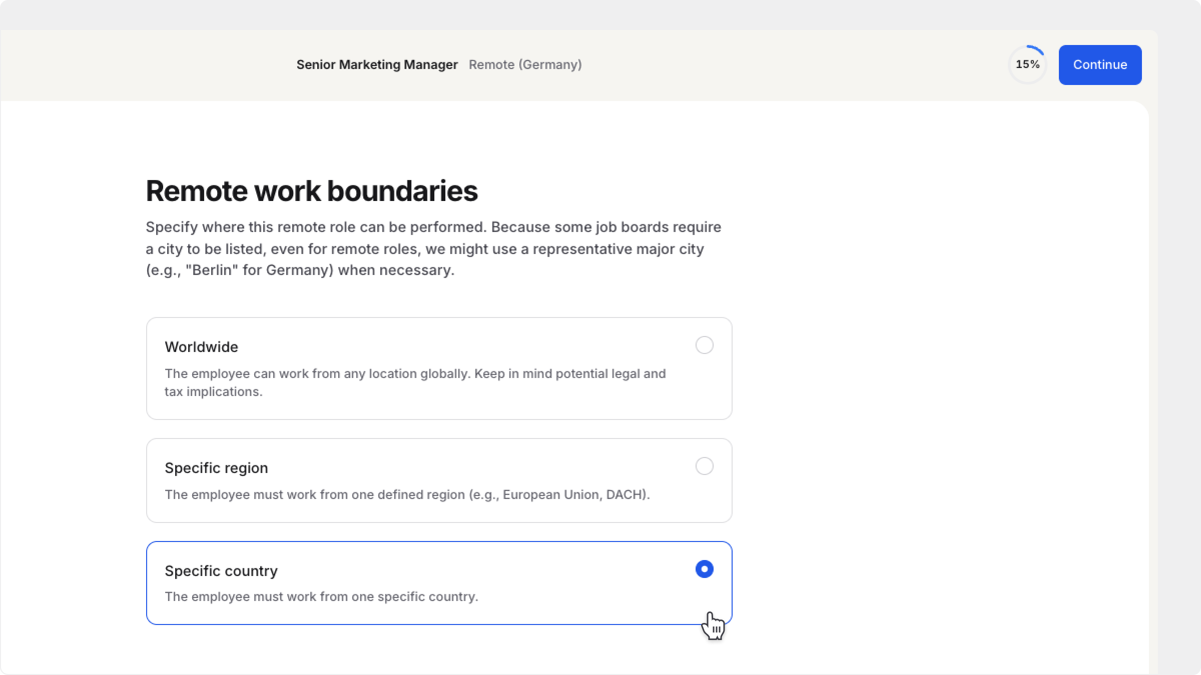 Remote workplace model option in the job creation flow
